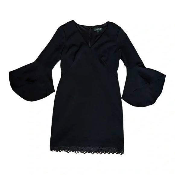 RALPH LAUREN Black Knee Length Sheath Dress Bell Sleeve V-neck Lace Hem Formal 4 - Picture 3 of 10